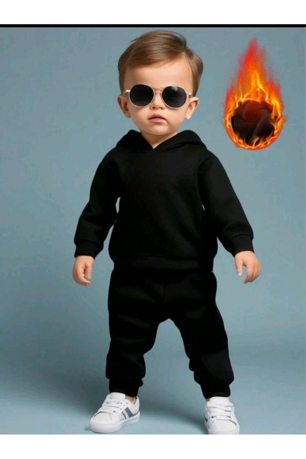 Unisex Girl Boy Black Hooded Tracksuit Set