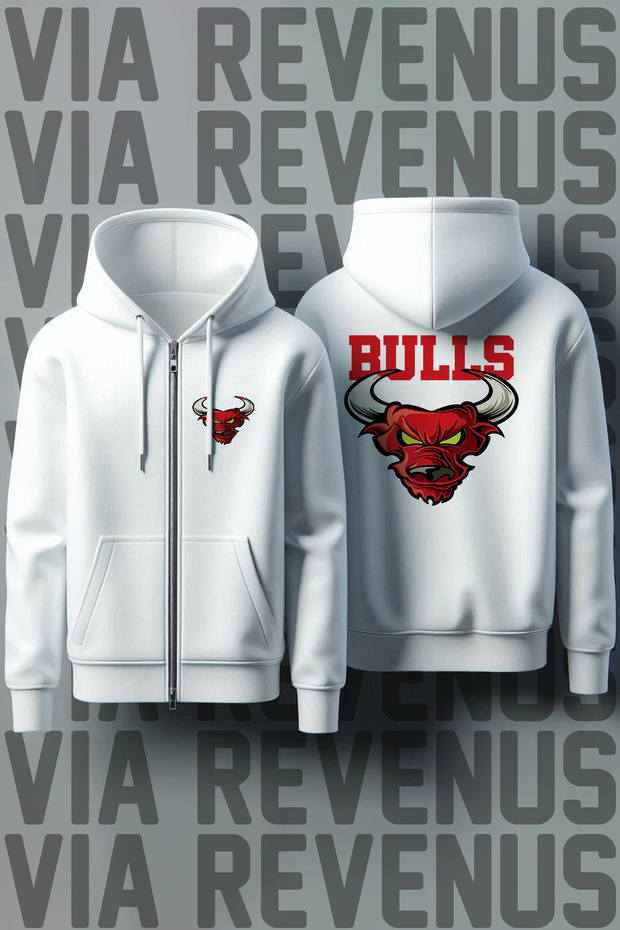 Bulls Front and Back Printed Unisex Zippered Hooded White Sweatshirt Cardigan