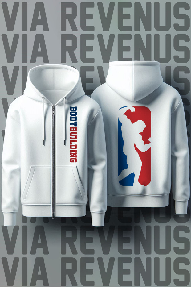 Body Building Front and Back Printed Unisex Zippered Hooded White Sweatshirt Cardigan