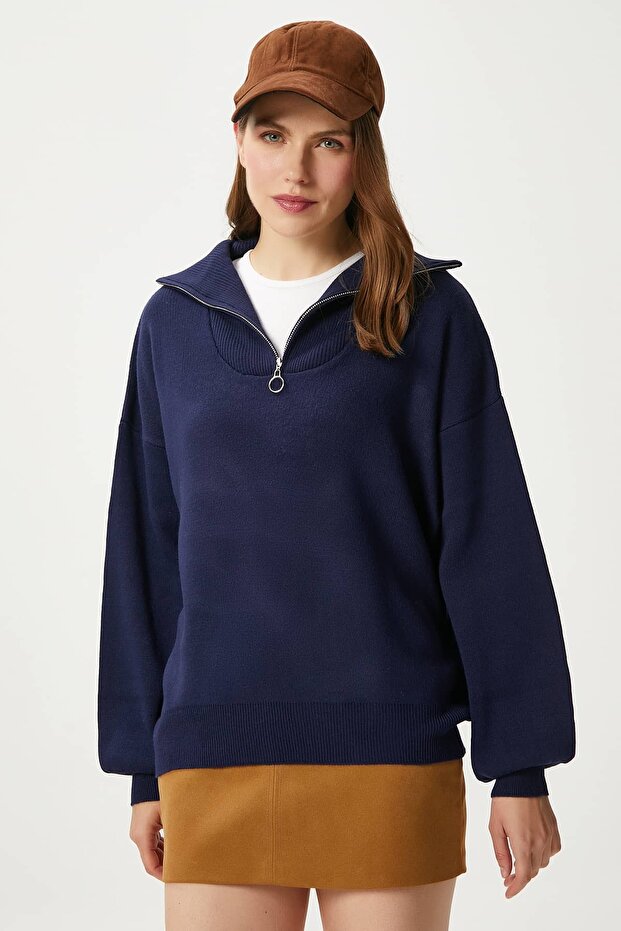 Kadın Bruno Basic Fermuarlı Lacivert Kazak - 3