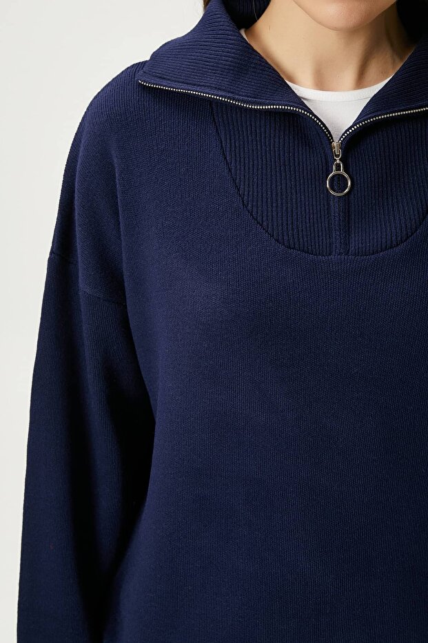 Kadın Bruno Basic Fermuarlı Lacivert Kazak - 4