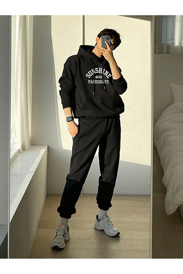 3 Thread Sunshine 1988 Sweatshirt Sweatpants Jogger - Black Printed Sweatpants Set with Hoodie