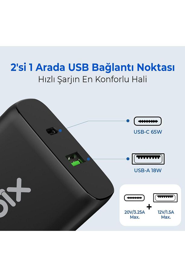 Bx2p65g 65w Gan Usb-c Usb-a Şarj Aleti Iphone Ipad Pd Pps Type-c Hızlı Şarj Cihazı Siyah - 7
