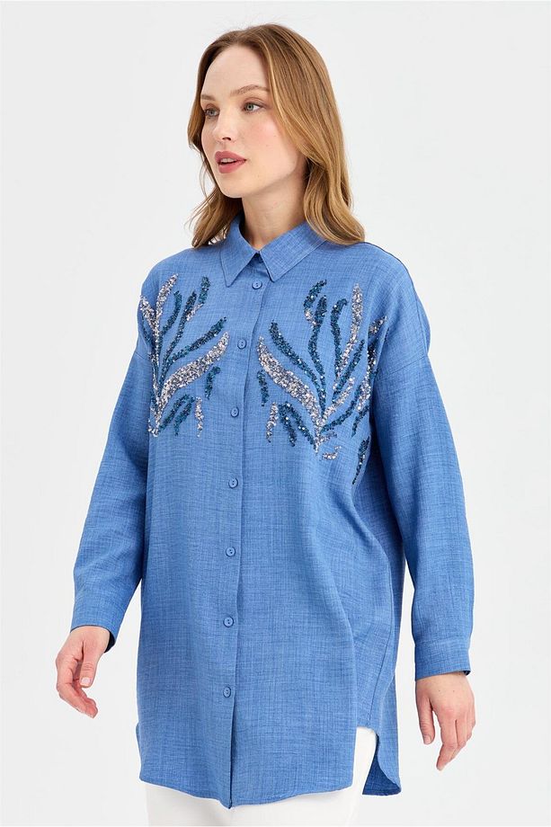 Çift Renk Pul Detaylı Tunik  İndigo - 4
