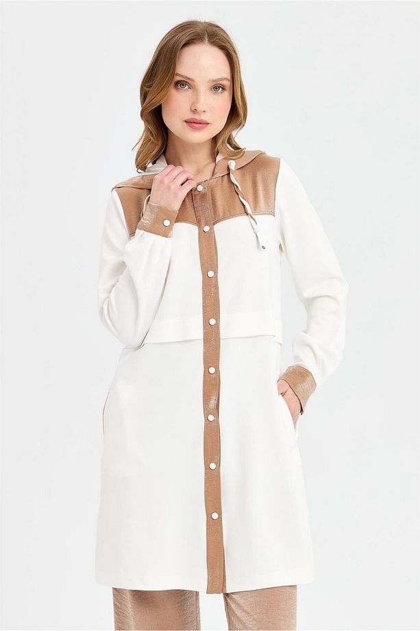 . Kumaş Kapişon Detaylı Giy Çık Tunik Camel - 5