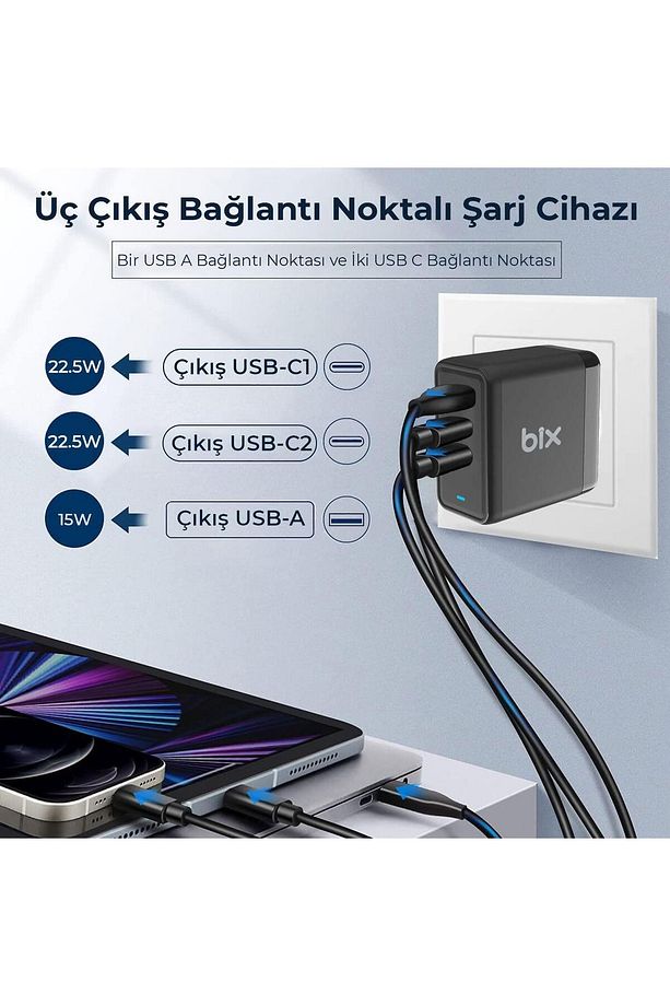 65w Gan Usb Type-c Qc 4.0 Pd 3 Portlu Hızlı Şarj Cihazı Siyah - 4