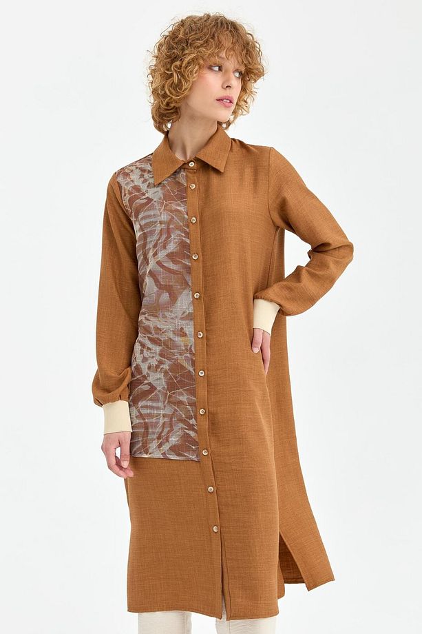 File Detaylı Uzun Tunik  Camel - 1