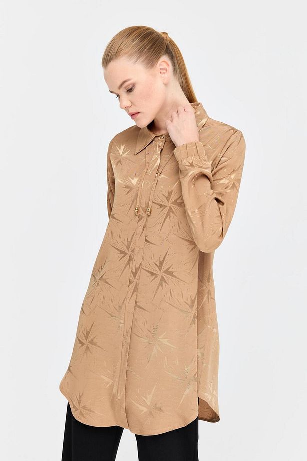 Floş Kumaş Kendinden Desenli Tunik  Camel - 5
