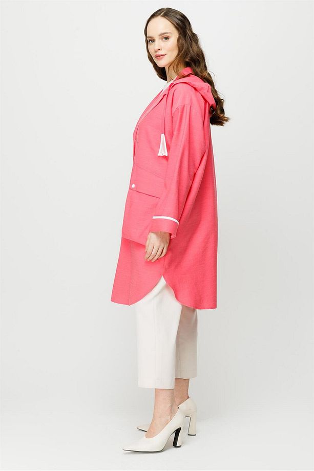 Torba Cep Detaylı Kapişonlu Pamuk Tunik Pembe - 6