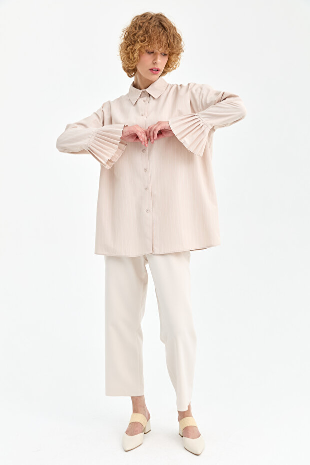 Piliseli Kol Detaylı Tunik Bej - 5