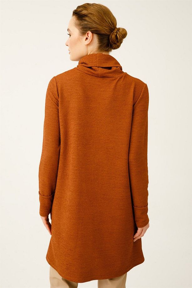 Kırışık Kumaş Detaylı Degaje Yaka Tunik Taba - 5