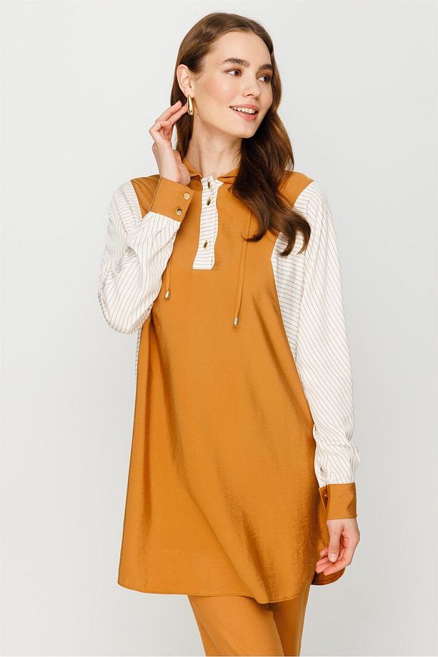 Garni Detaylı Rahat Kumaşlı Kapişonlu Tunik Taba - 5