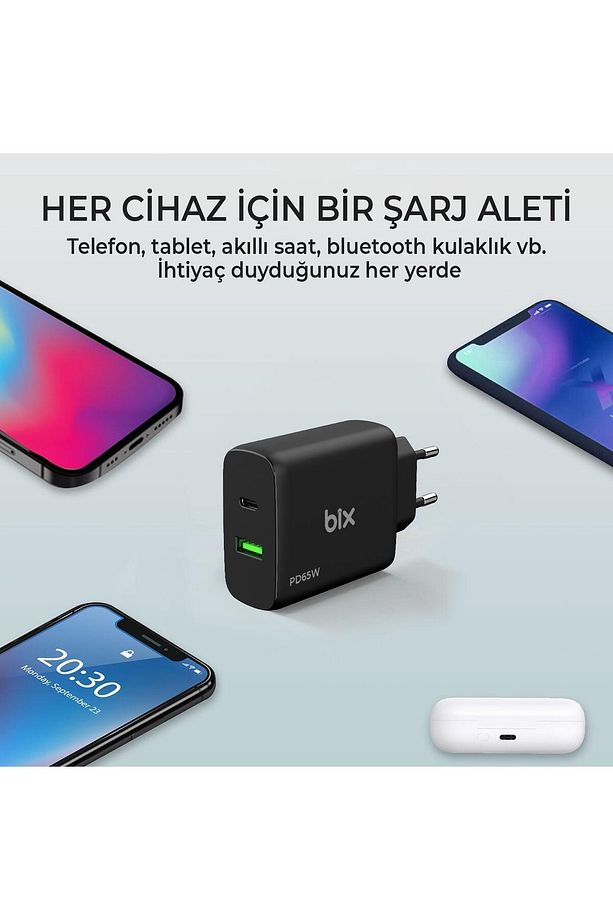 Bx2p65g 65w Gan Usb-c Usb-a Şarj Aleti Iphone Ipad Pd Pps Type-c Hızlı Şarj Cihazı Siyah - 5
