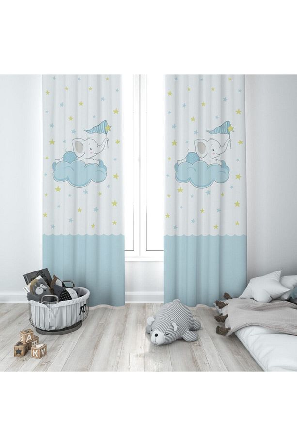 Fil Ve Bulut Çocuk Ve Bebek Odası Fon Perde 2 Kanat Mktp-241 - 1