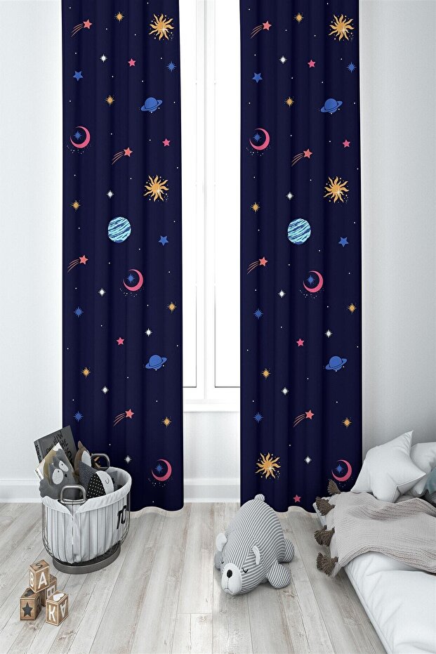 Children's Room/Baby Room Planet Patterned Drapery Curtain, 2 Panels MKT-037