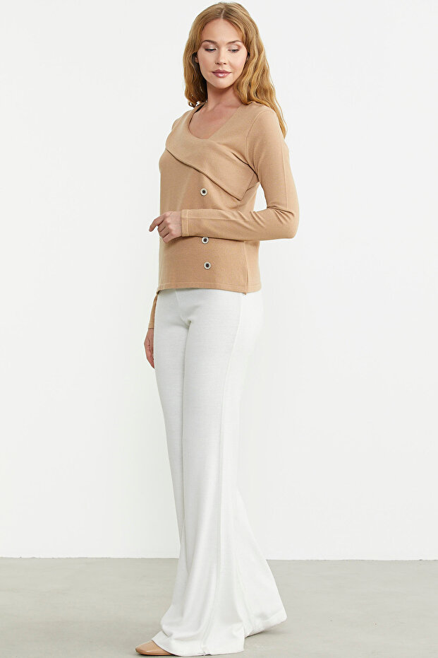 Yaka Detaylı Triko Kazak - Kamel - 4