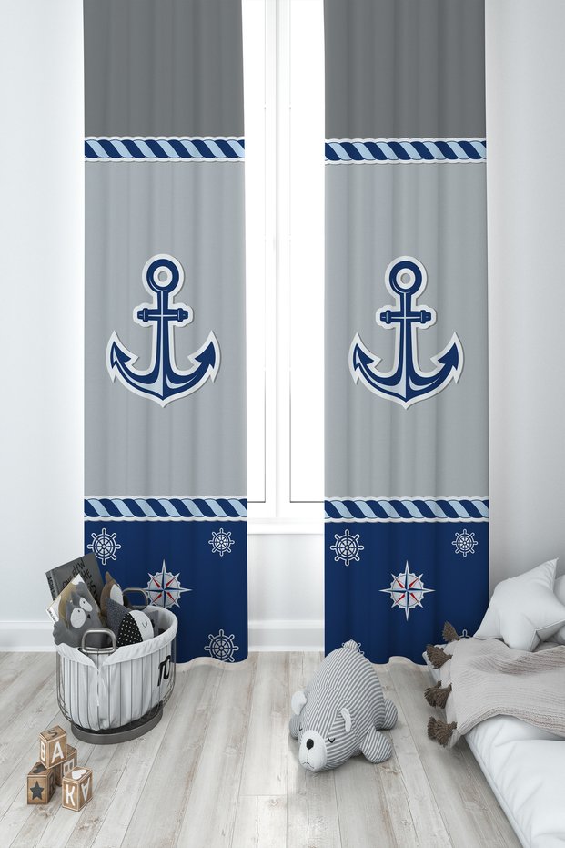 BABY AND KIDS ROOM Blue Anchor Patterned 2 Wing Background Curtain