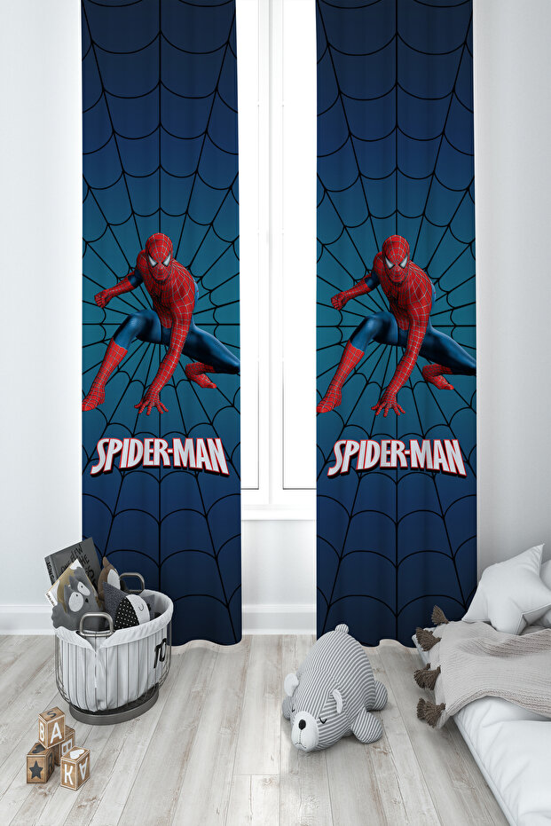 BABY AND KIDS ROOM Spider Man Patterned Navy Blue 2 Wings Background Curtain
