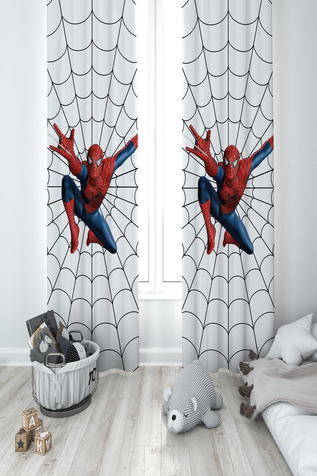 BABY AND KIDS ROOM Net and Spiderman Patterned 2 Wing Background Curtain