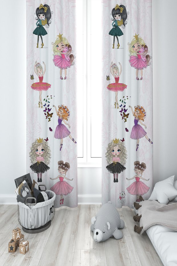 BABY AND KIDS ROOM Princess Girls and Hopscotch Patterned Motif 2 Wings Background Curtain