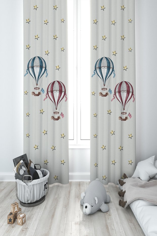 BABY AND KIDS ROOM Flying Balloon and Stars Patterned 2 Wing Background Curtain