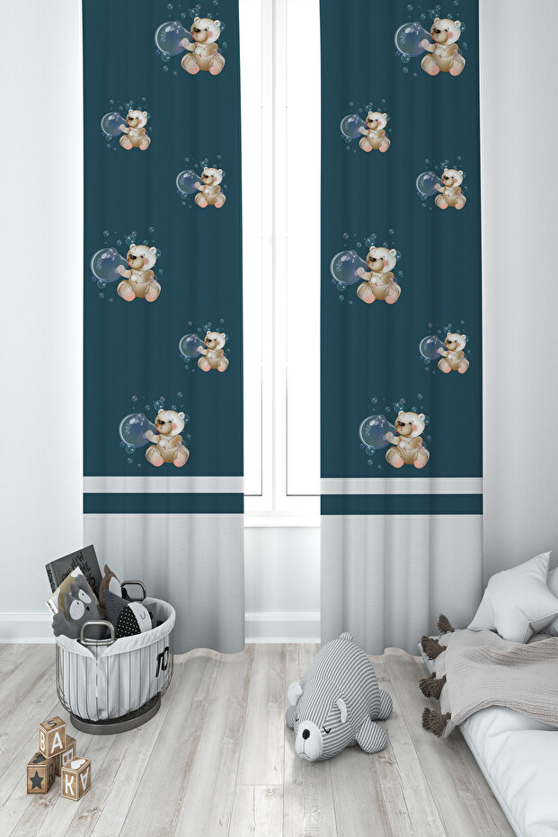 BABY AND KIDS ROOM 2-Wing Background Curtain with Balloon-Removing Teddy Bear Pattern
