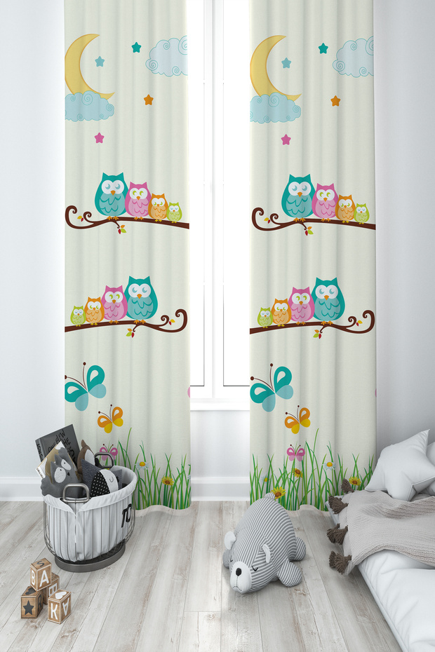 BABY AND KIDS ROOM Small Owls and Grass Patterned 2 Wing Background Curtain
