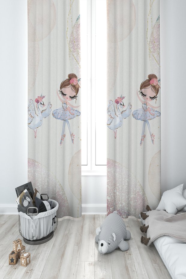 BABY AND KIDS ROOM Swan and Ballerina Patterned 2 Wing Background Curtain