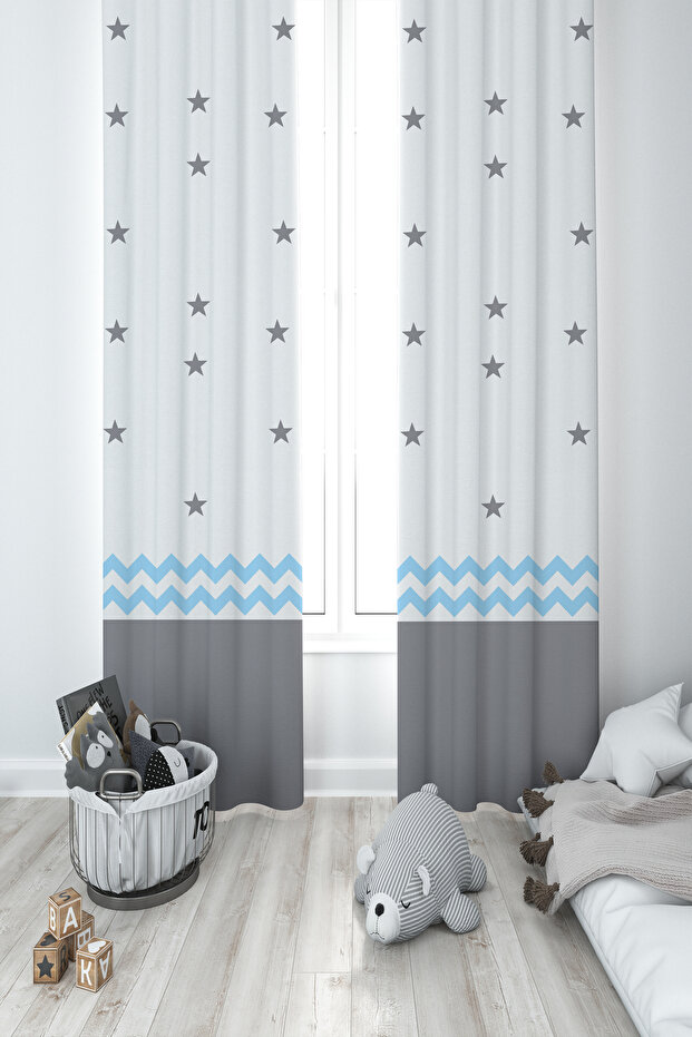 BABY AND KIDS ROOM Gray Blue Star Patterned 2 Wing Background Curtain