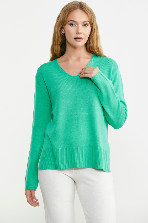 Salaş V Yaka Basic Triko Kazak - Yeşil - 3