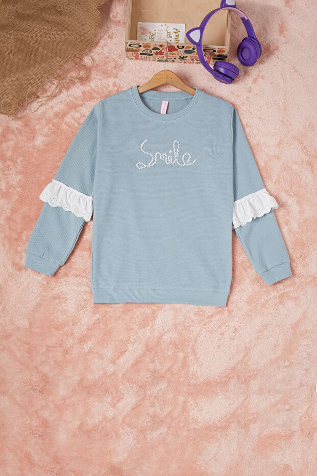 Green Smile Embroidered Girl's Waffle Sweatshirt 16594