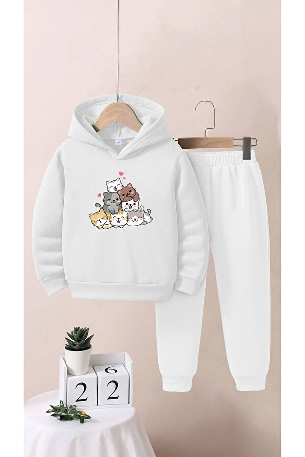 Kids Cats Printed Top and Bottom Tracksuit Set