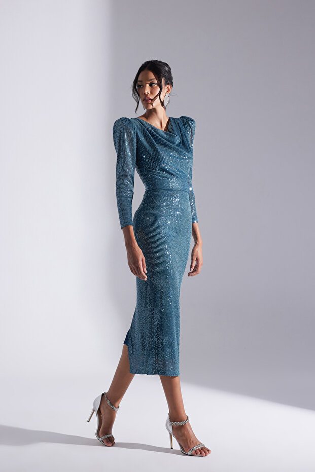 Degaje límec tužková sukně zásnubní šaty s modrými třpytivými flitry - 2