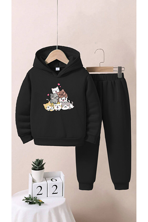 Kids Cats Printed Top and Bottom Tracksuit Set