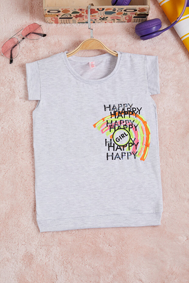 Gray Rainbow Embroidered Girls' T-Shirt 15567