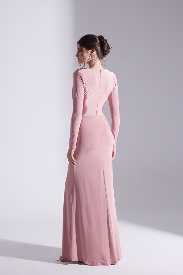 HAILEY SİYAH DRAPELİ UZUN ELBİSE - 6