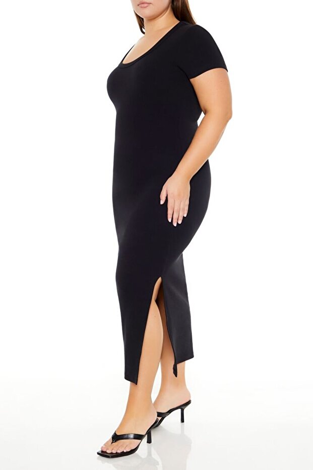 Plus Size Yan Yırtmaçlı Midi Elbise - 2