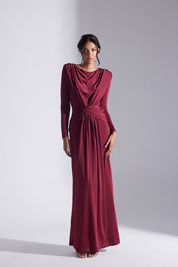 HAILEY SİYAH DRAPELİ UZUN ELBİSE - 1