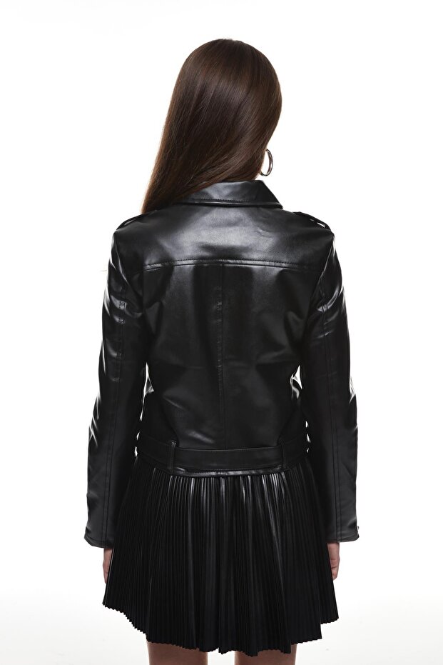 Biker Deri Ceket Siyah - 4
