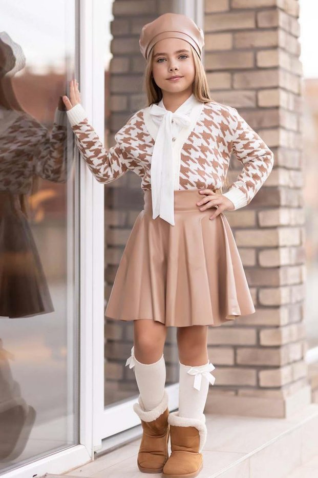 Girl's Collar Tie Shirt Knitwear Cardigan Brown Leather Skirt Set