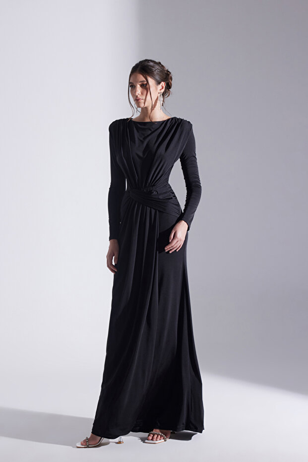 HAILEY SİYAH DRAPELİ UZUN ELBİSE - 1
