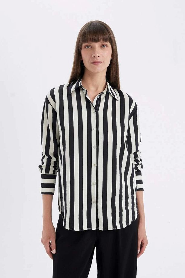 D4511 Oversize Fit Desenli Uzun Kollu Gömlek - 3