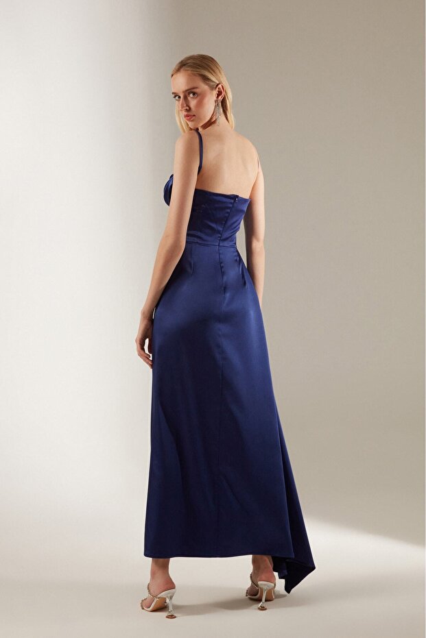 Violet Saks Askılı Drapeli Elbise - 6