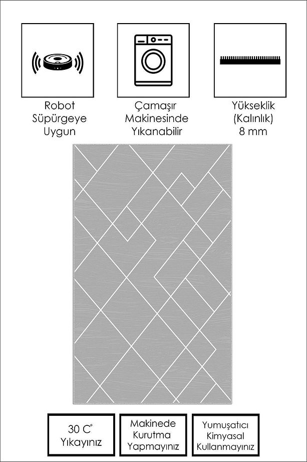 Dijital Baskı Yıkanabilir Kaymaz Taban Gri Salon Halısı Mutfak Halısı Yolluk - 4