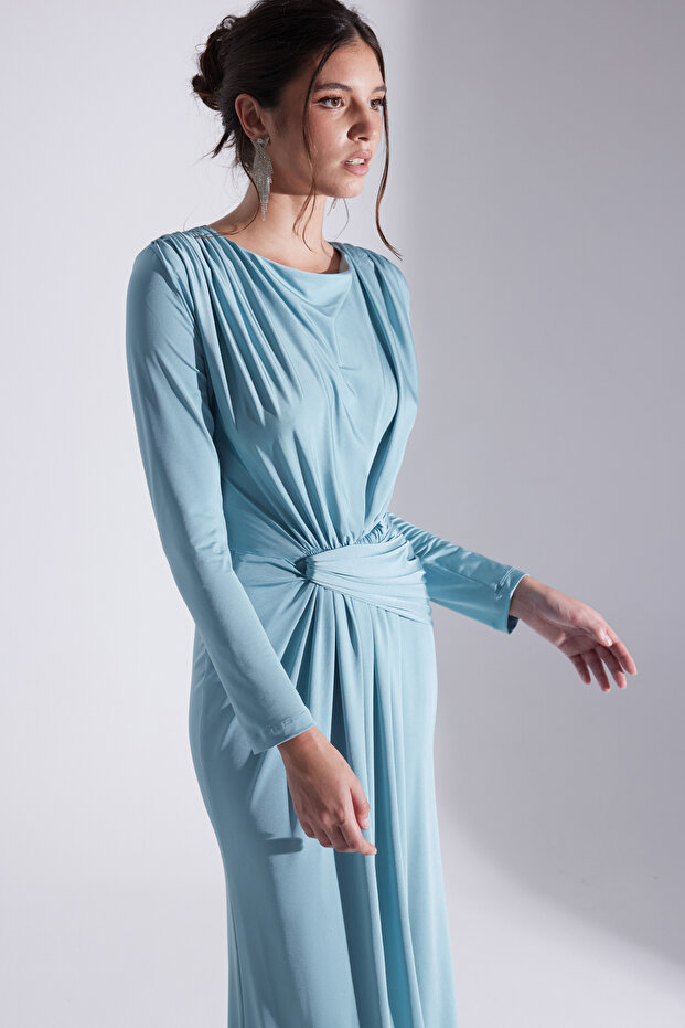 HAILEY SİYAH DRAPELİ UZUN ELBİSE - 2