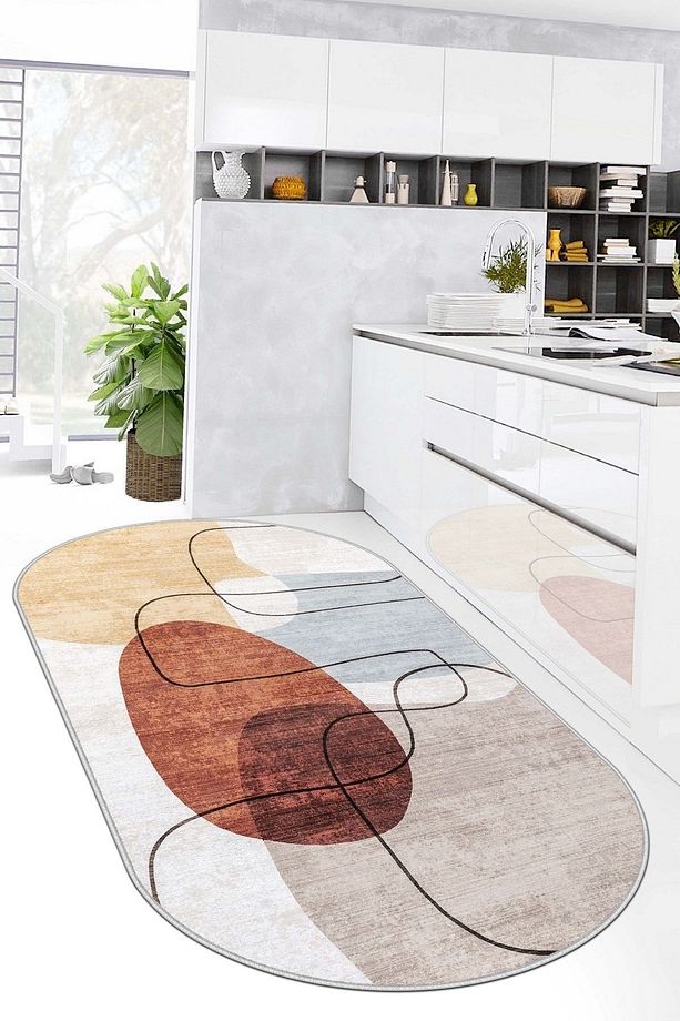 Dijital Baskı Yıkanabilir Kaymaz Taban Leke Tutmaz Bej Oval Mutfak Halısı Salon Halısı Ve Yolluk - 1