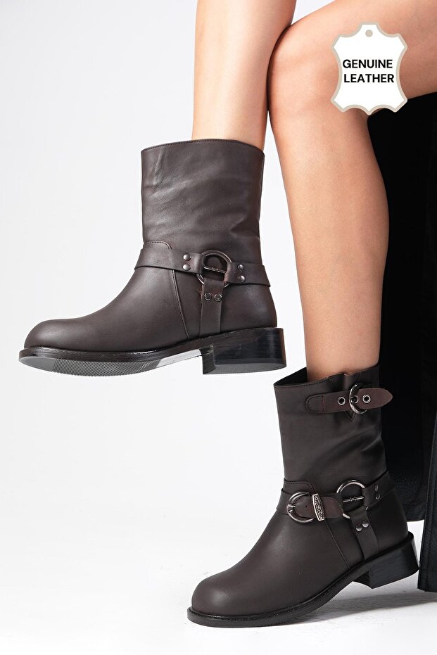 Lola Genuine Leather Brown Women's Heelless Biker Boots