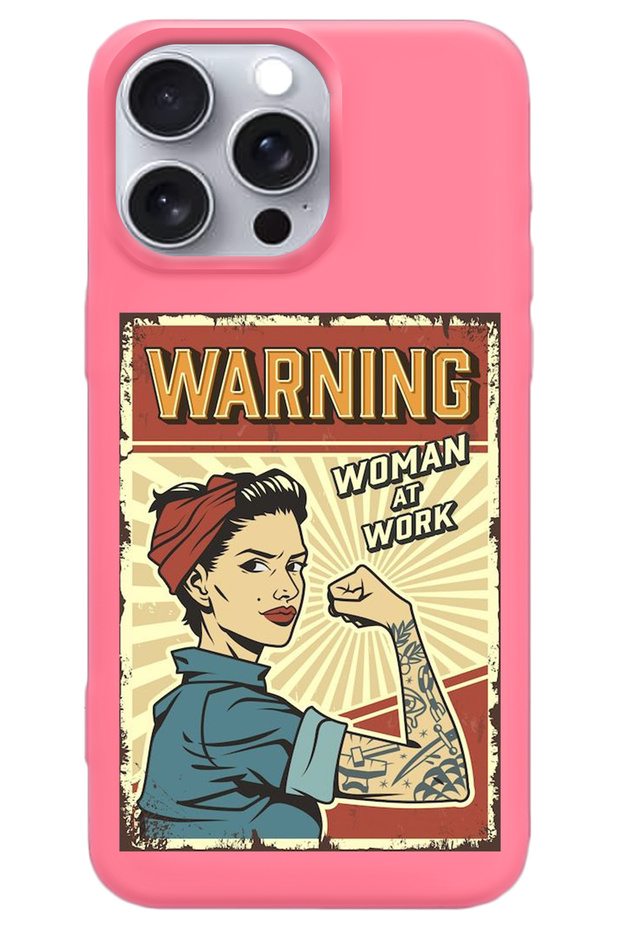 iPhone 15 Pro Max Pink Inside Velvet Warnıng Girl Power Patterned Silicone Phone Case