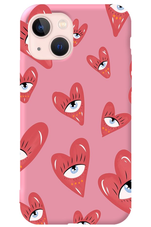 iPhone 14 Pink Inside Velvet Heart Eye Girl Power Patterned Silicone Phone Case