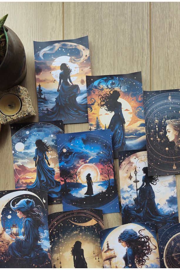 15 Adet Siyah Gece Kadın Ay Temalı Scrapbook Kağıt Seti Bullet Journal Dekupaj Kağıdı - 2